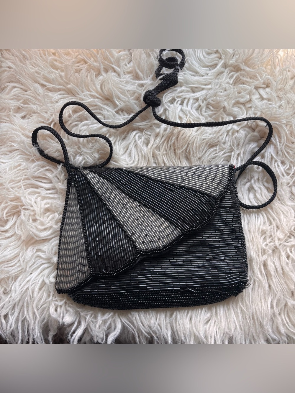 Vintage Black Beaded Shell Flap Bag
